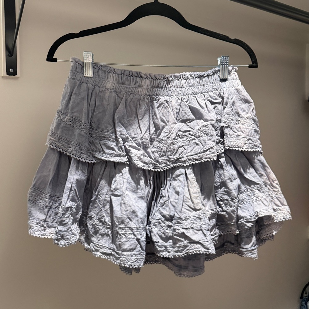 LoveShackFancy Ruffle Mini Skirt in Washed Denim Hand Dye